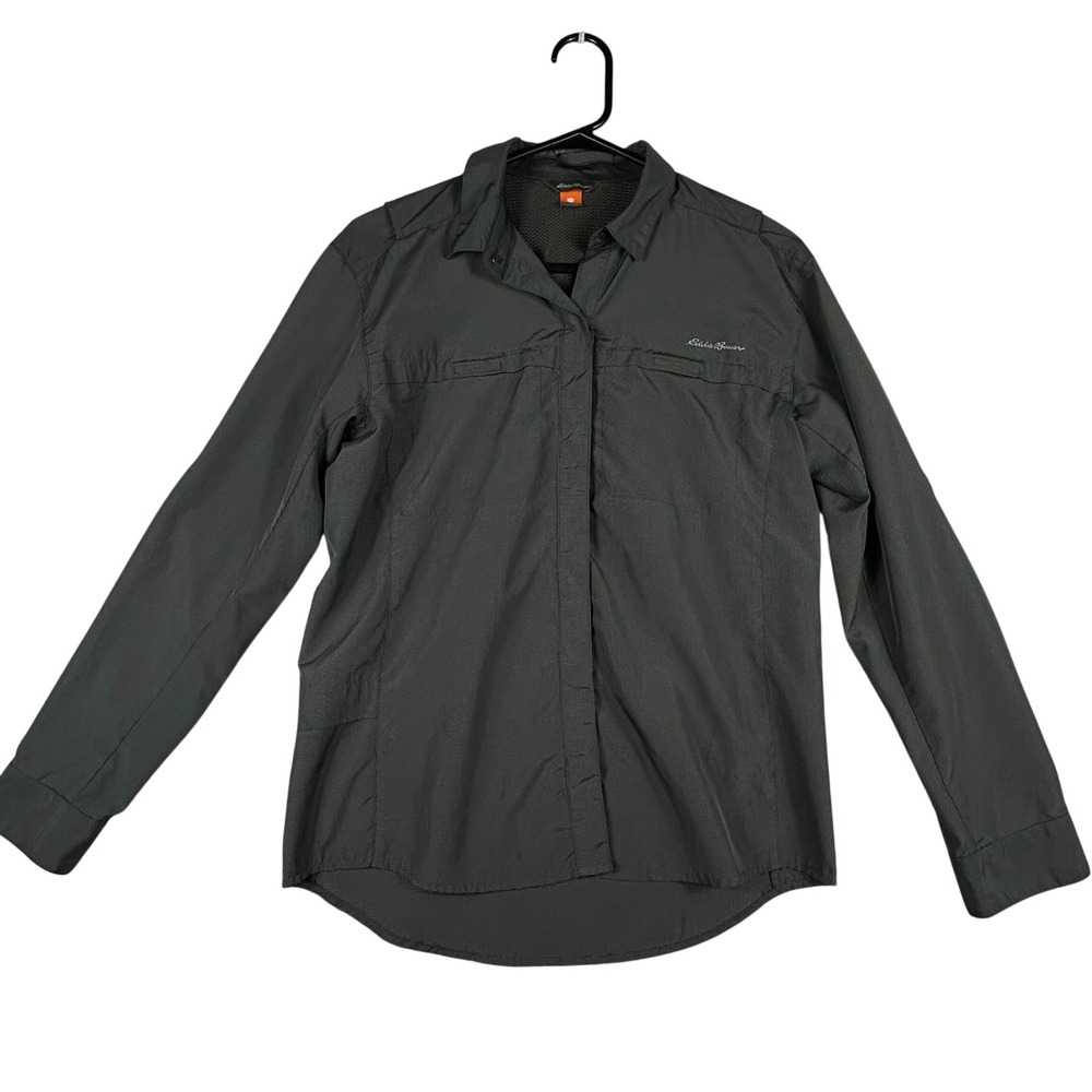 Eddie Bauer Sport Shop‎ Womens XS Gray Micro Check Snap Front Hiking Shirt Vent